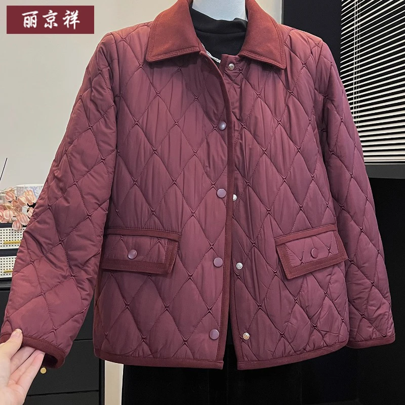 时尚妈妈装菱格夹棉外套2025冬季新款中老年高贵保暖轻薄棉衣