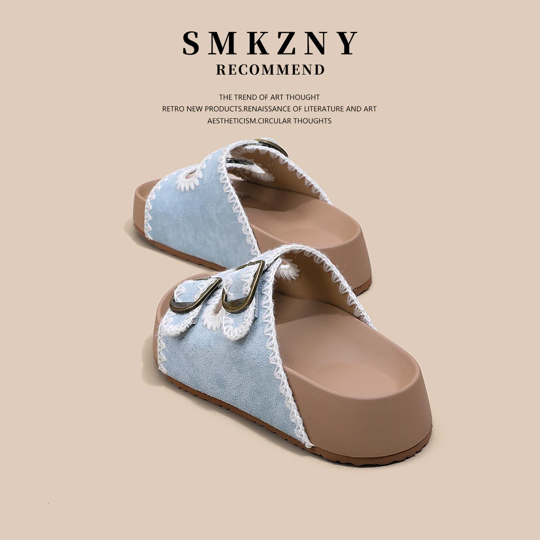 蓝色勃肯凉拖鞋女夏外穿2025夏季新款百搭厚底休闲一字拖鞋602