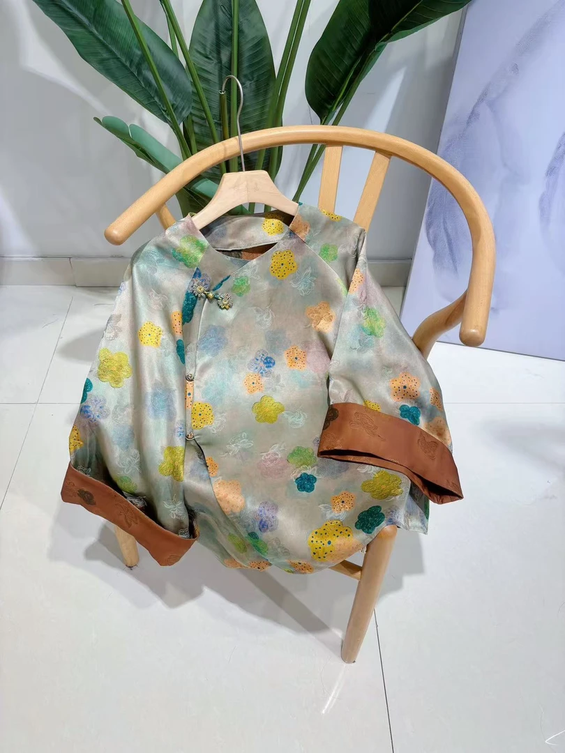 DY3048樱美嘉100桑蚕丝香云纱花萝早秋新中式圆领斜襟长袖女衬衫