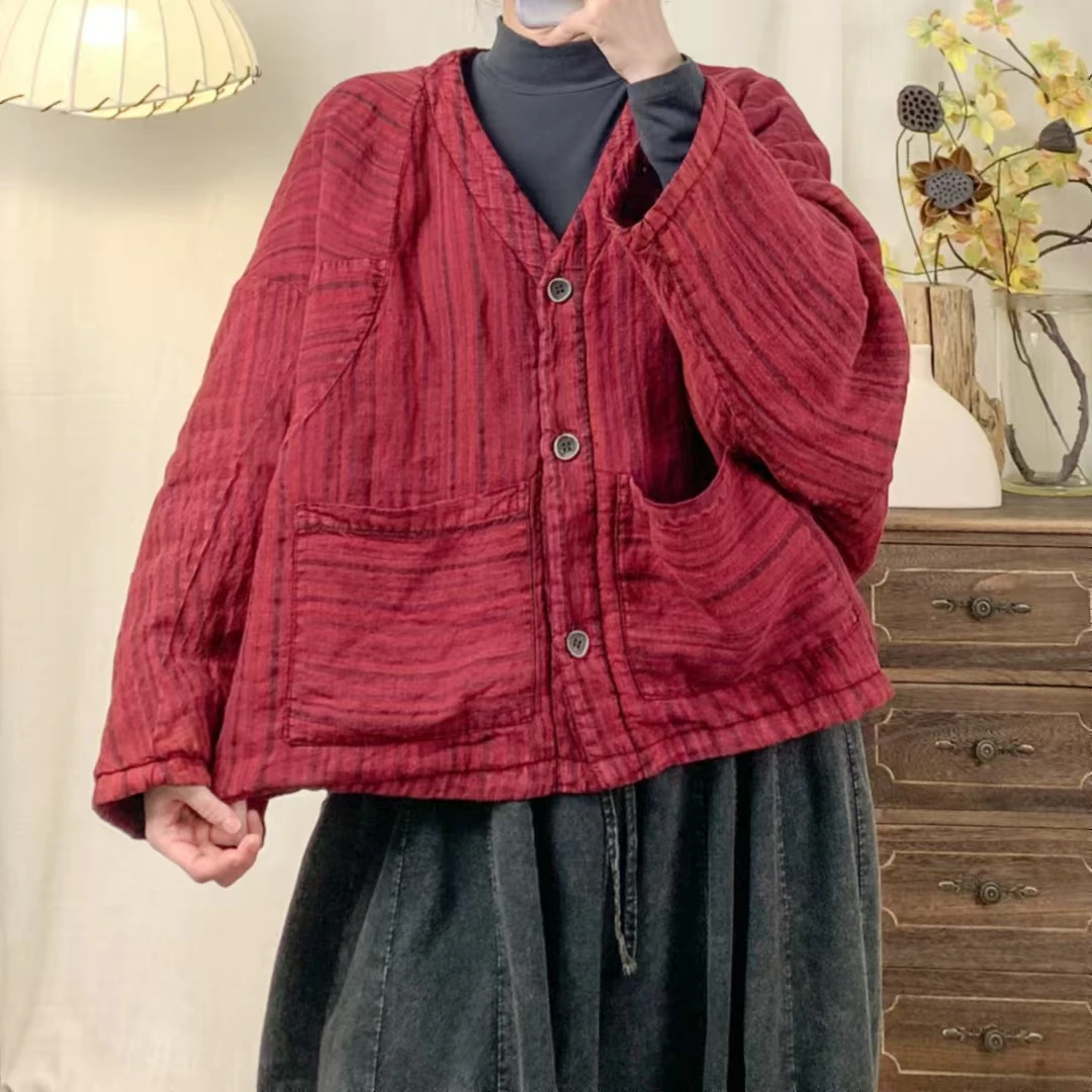 纯色盘扣棉衣炒色做旧亚麻蝙蝠衫棉服厚款宽松条纹加厚文艺风棉袄