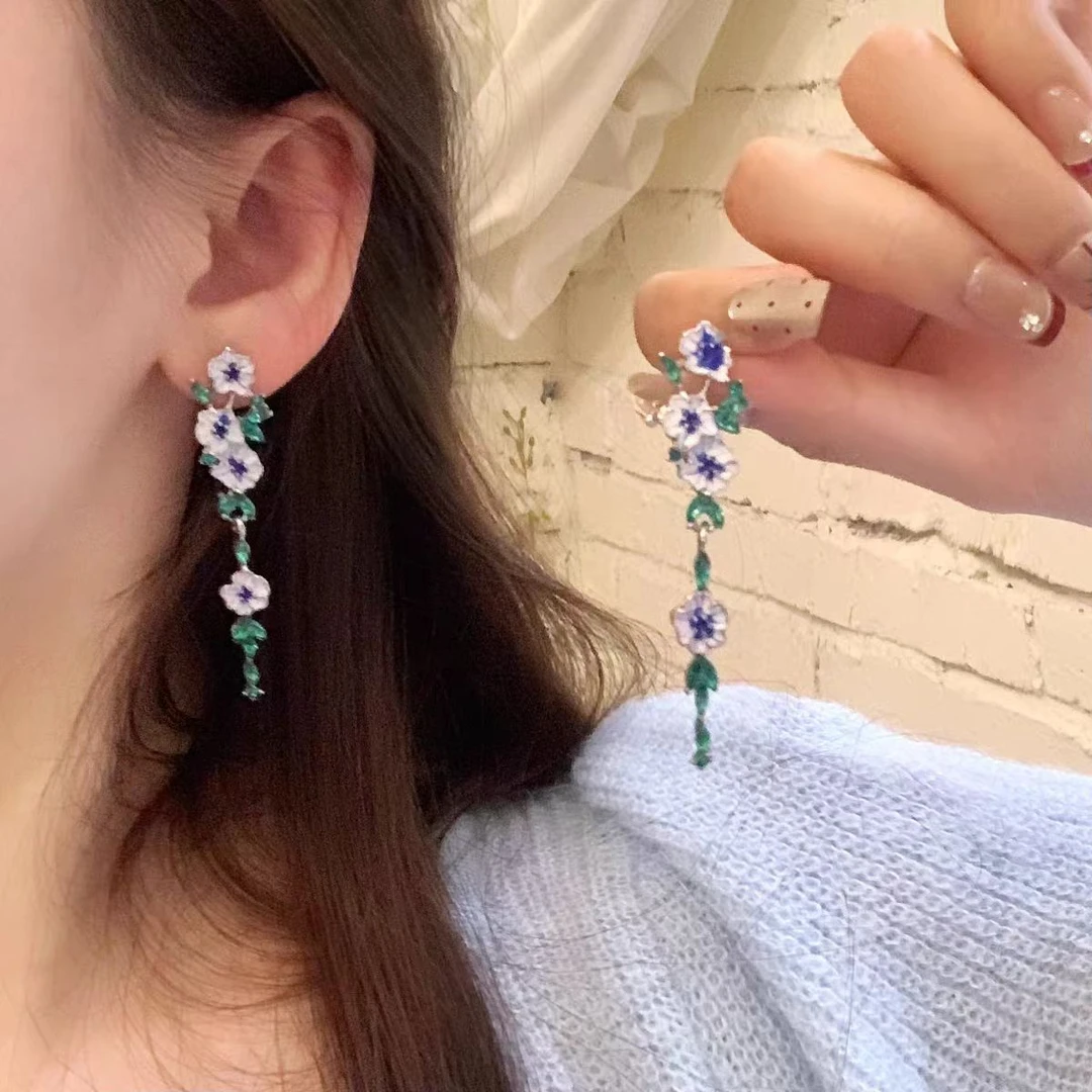 莫奈花园~蓝色花朵流苏耳环女高级感气质度假风耳饰小众独特耳钉