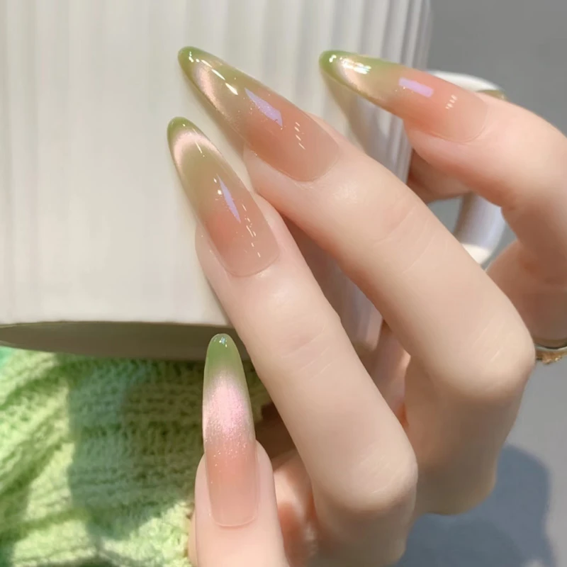 【十片装手工穿戴甲】清透夏日高级感幻彩芭乐猫眼纯欲显白美甲
