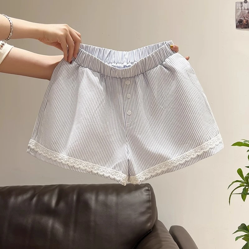 韩系蓝白条纹短款休闲裤短裤2025夏季新款休闲风宽松百搭松紧女裤