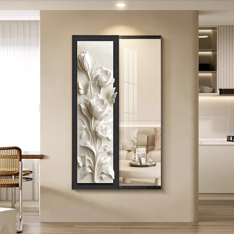 黑白简约玄关装饰画蝴蝶镜子暗藏式穿衣镜隐藏式全身镜隐形推拉镜