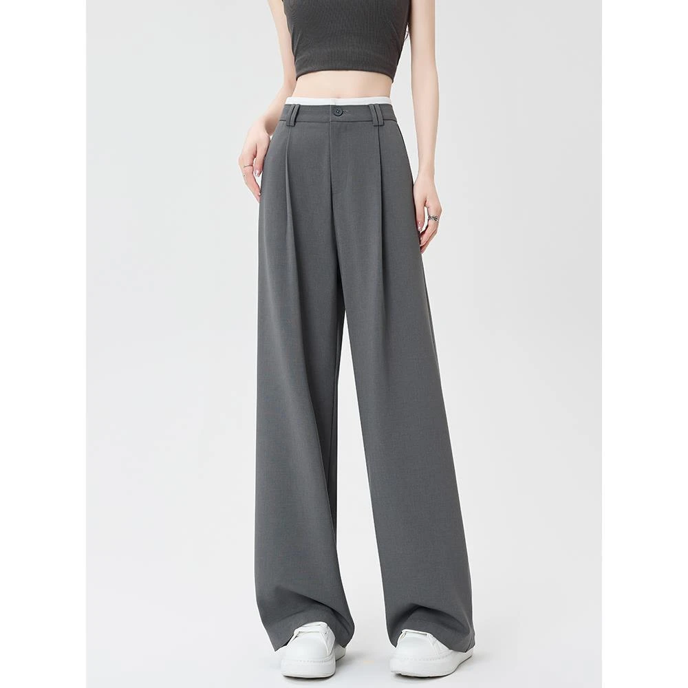 灰色西装裤高级感垂感窄版阔腿裤女2025新款夏季薄款高腰直筒裤子
