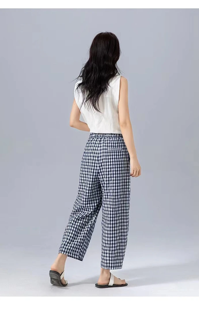 [Joy-格子休闲裤-XG]亚麻莱赛尔高腰格子九分裤