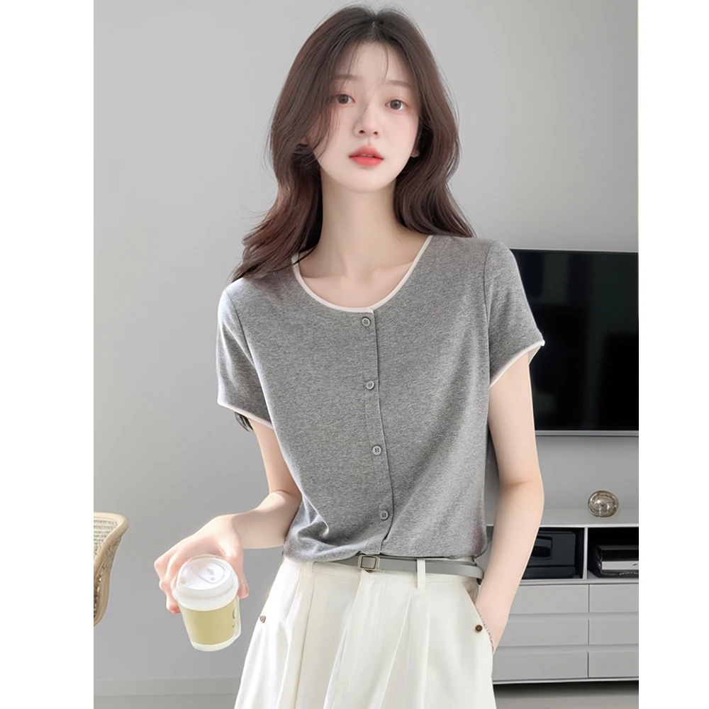 2025年夏季新款简约百搭显瘦大码女装休闲撞色拼接短袖T恤上衣女