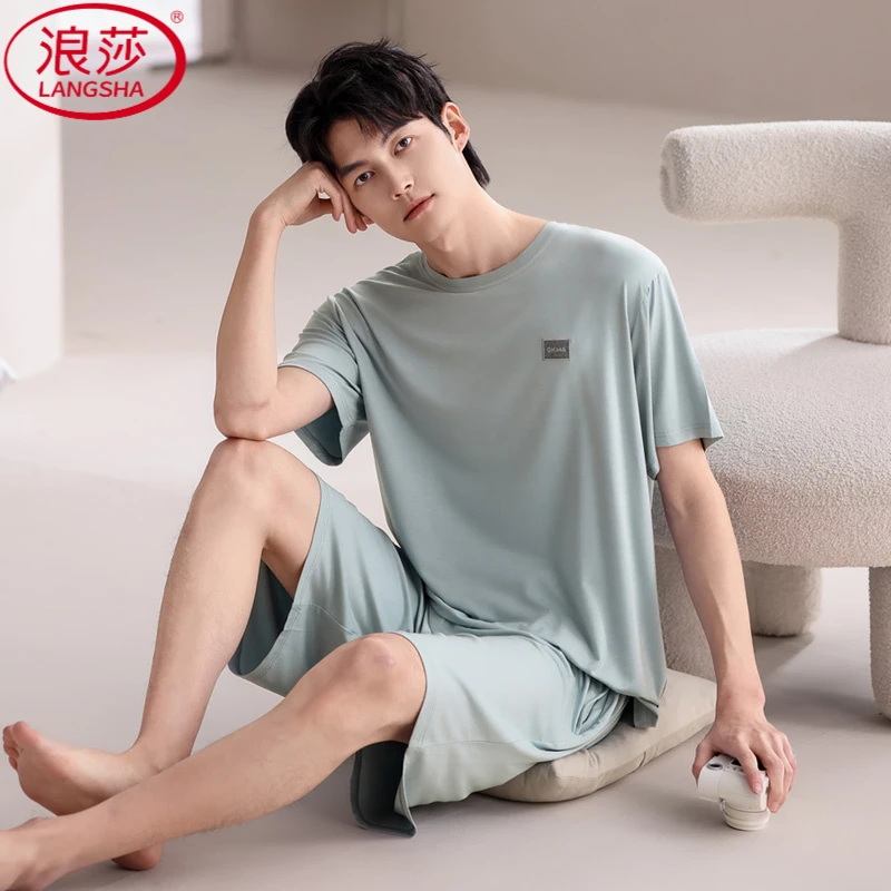 浪莎夏季男士睡衣莫代尔休闲男款冰丝大码青少年家居服男睡衣