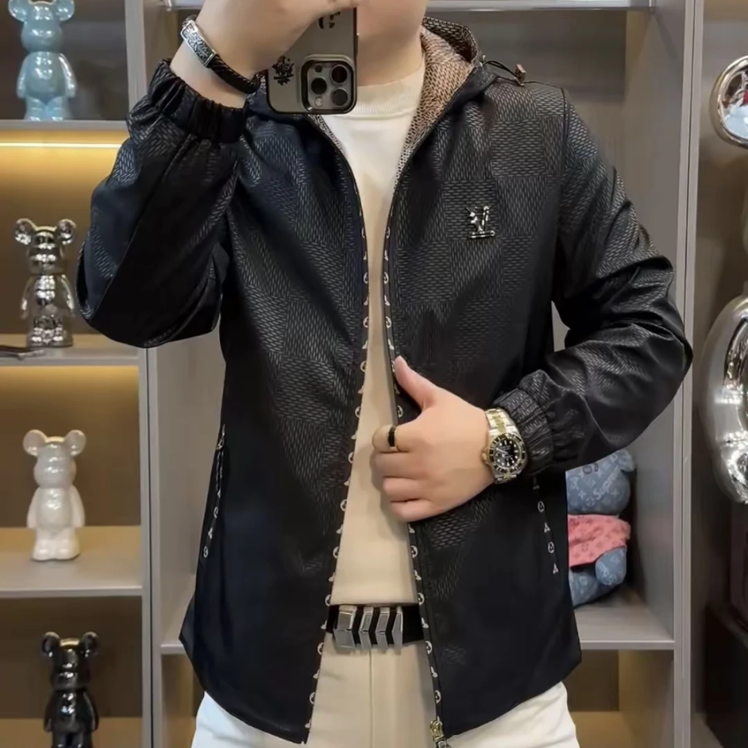 2025外套男春秋款休闲外套男时尚连帽个性提花外穿上衣修身夹克潮