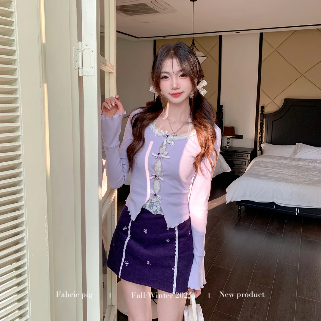 紫藤之恋 织物猪原创 仙女梦幻紫假两件上衣春女刺绣蝴蝶结长短裙