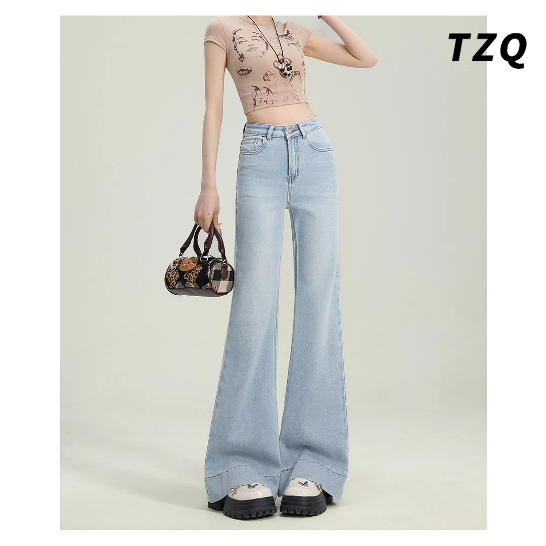 美式复古垂感喇叭牛仔裤女2025新款高腰拼接设计微喇裤TZQ110811