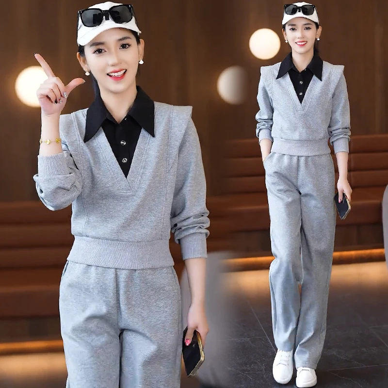 休闲运动套装女春秋新款洋气显瘦衬衣领假两件卫衣阔腿裤两件套潮