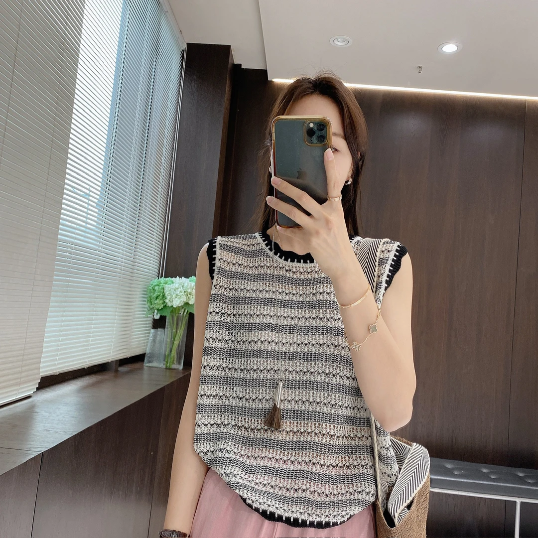 IMFLY金小金自制女装 莱赛尔针织衫DYW9259复古条纹撞色背心针织