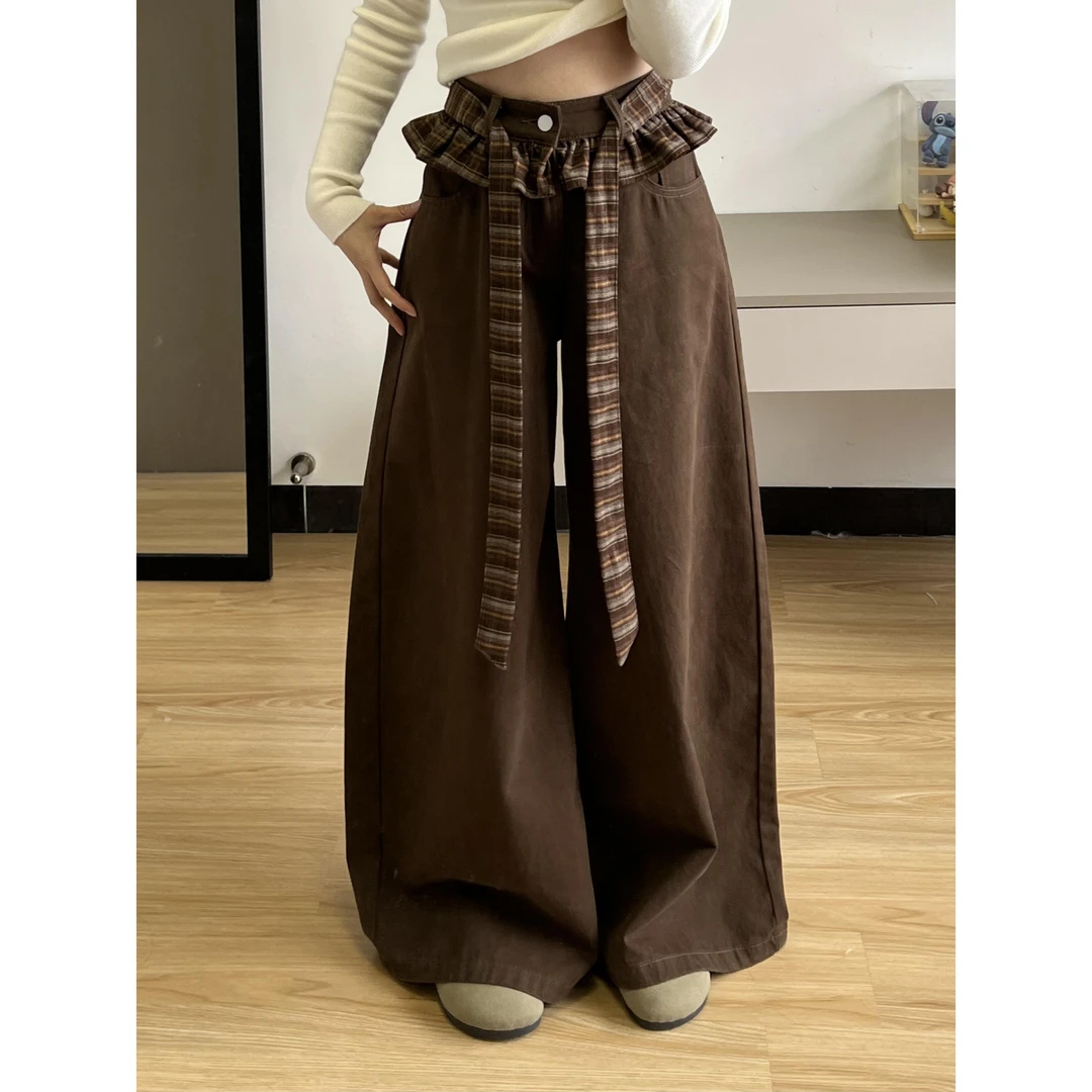 美拉德棕色双腰头蝴蝶绑带牛仔裤女春秋季设计感直筒宽松阔腿裤子