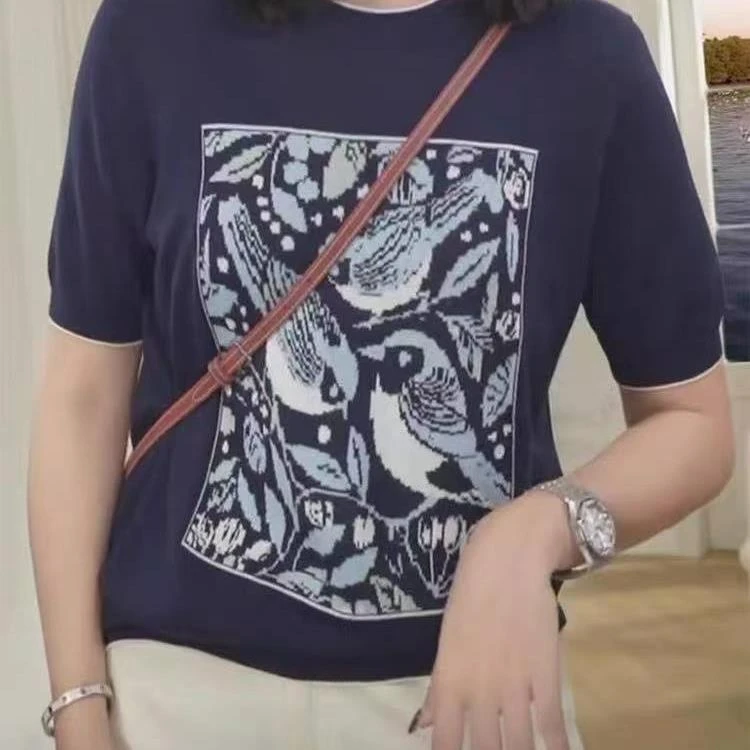 【喜上眉梢】桑蚕丝天丝短袖夏针织衫女装百搭薄款