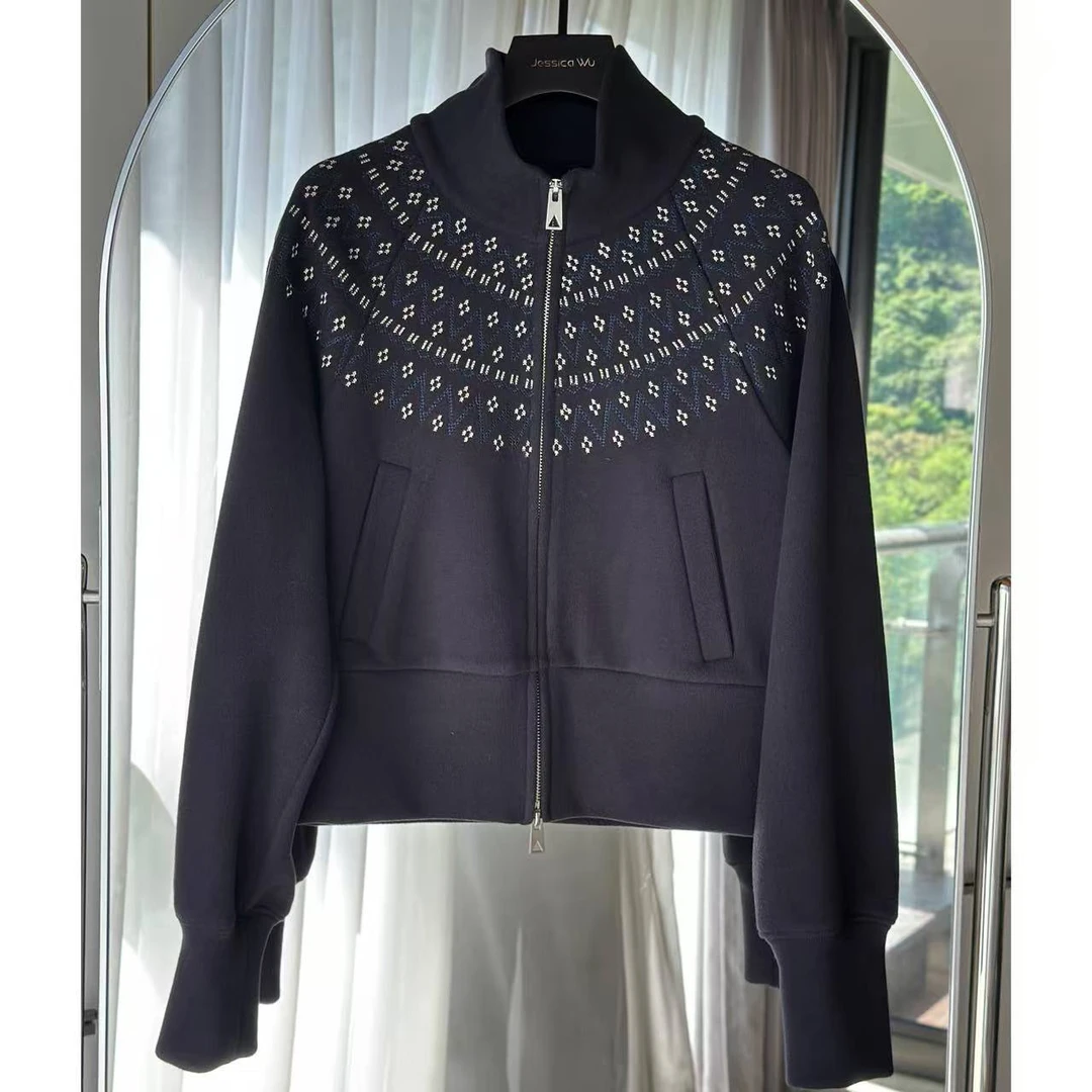 JESSICA WU暗夜菱纹银链纵贯立领外套2536907002