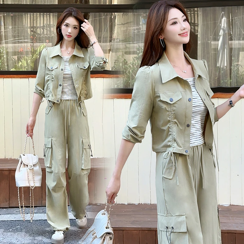 拉夏贝尔洋气工装裤套装女秋季减龄长袖短外套阔腿工装裤三件套