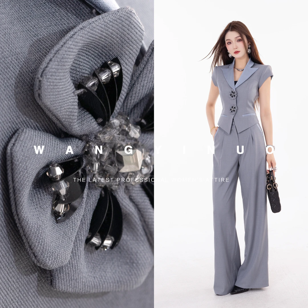 定制·依诺【冷艳繁华】2025夏款设计气质时尚百搭上衣休闲裤套装