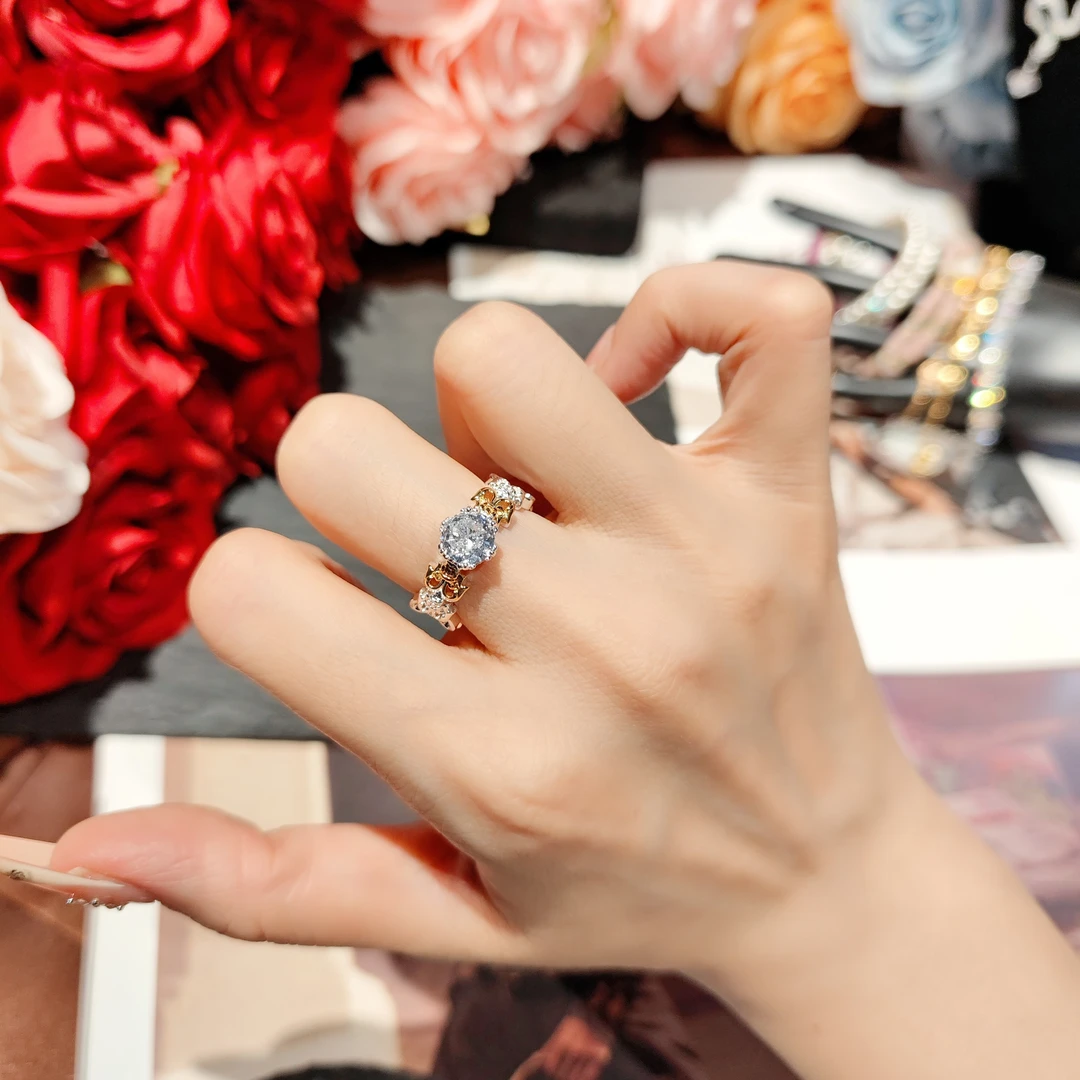 铜合金合成锆石戒指 亮银色双色29256鸢尾花开口戒精致单钻闪耀