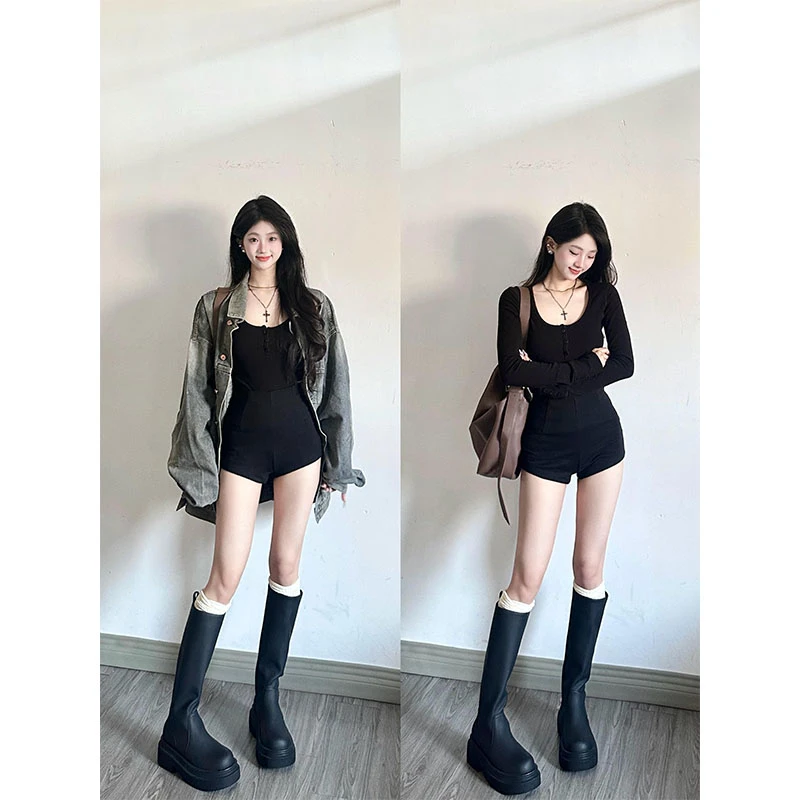 轻奢高级感复古慵懒风牛仔外套洋气修身长袖内搭气质显瘦短裤套装