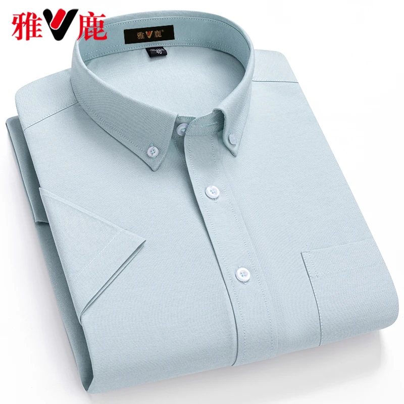 雅鹿夏季中年男士纯棉牛津纺短袖衬衫男款绿色条纹商务白色衬衣男