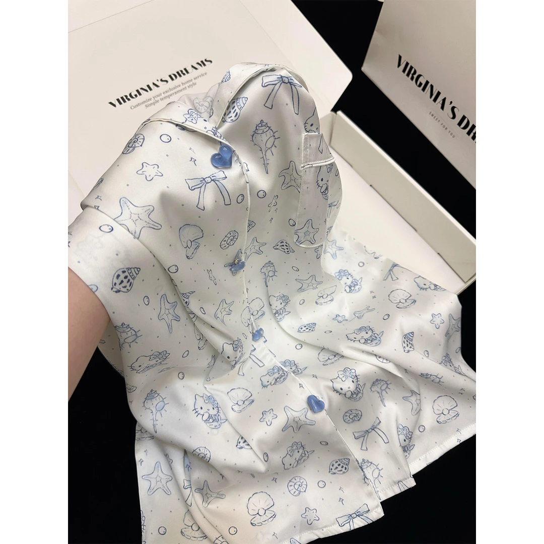 设计感海星Kitty冰丝睡衣女春秋新款长袖长裤家居服套装可外穿