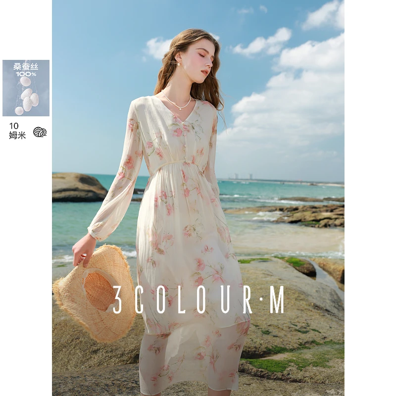 三彩2025春季新款真丝连衣裙桑蚕丝灯笼袖A字裙碎花长裙M