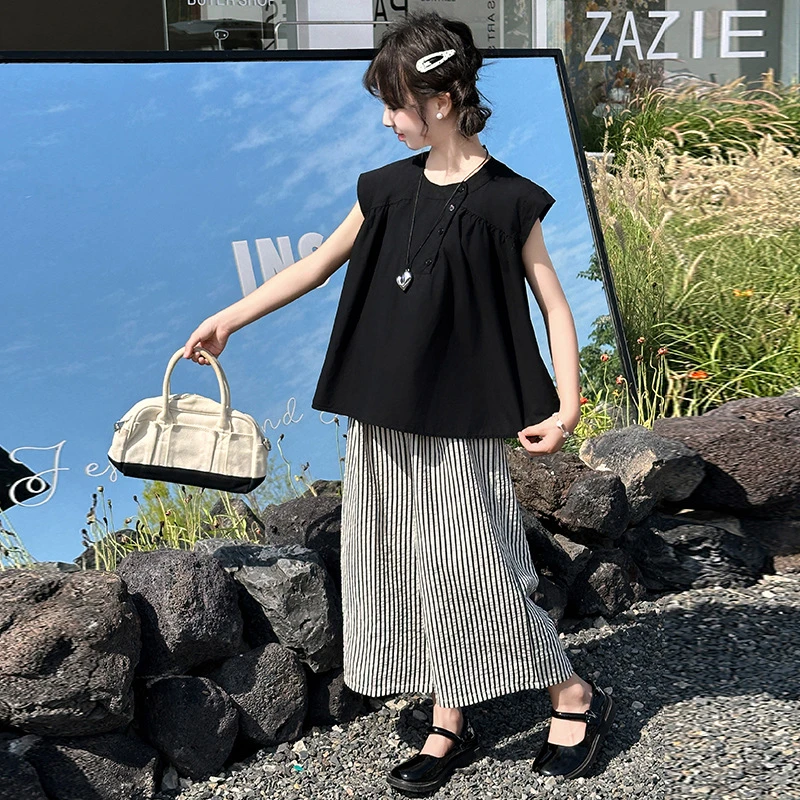 新款女童夏装娃娃衫套装儿童夏季棉布无袖气质阔腿裤韩系风两件套