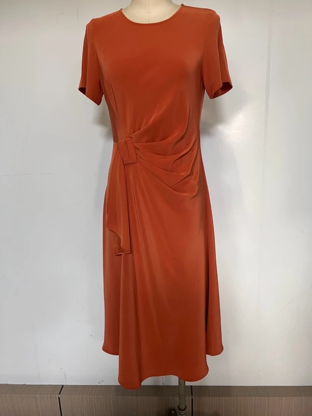 中长裙短袖女士夏季春夏纯色连衣裙礼服红色裙子休闲欧美风气质醋