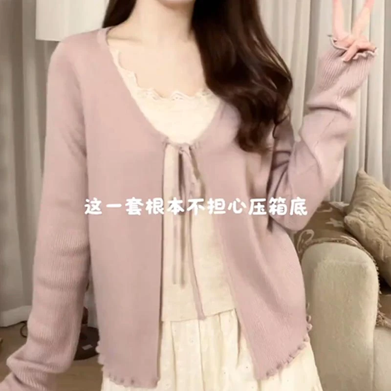 【6532】大码女装胖mm甜美慵懒蕾丝花边假两件针织衫设计感系带上衣