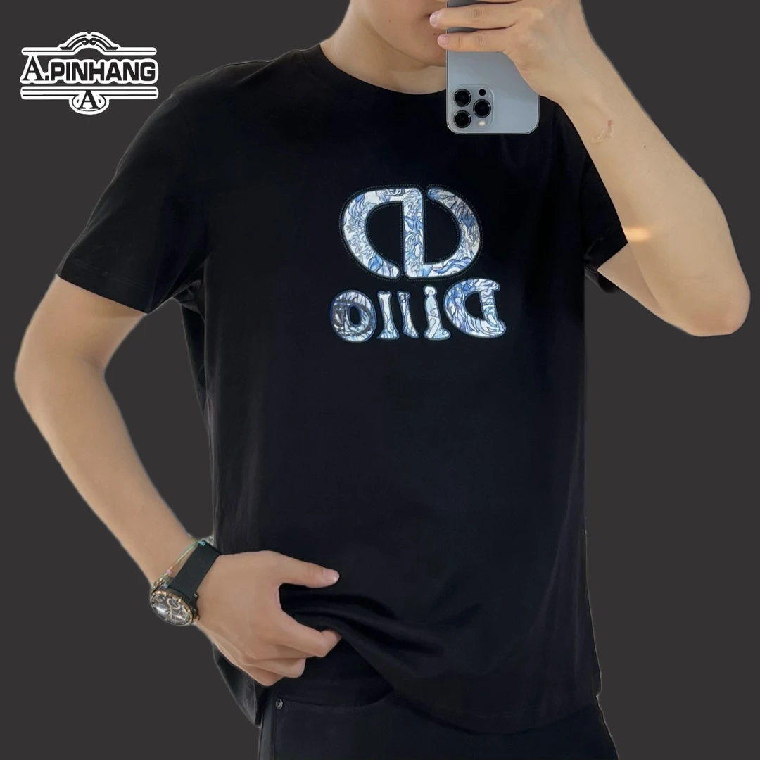 日常短袖夏季圆领刺绣薄款T恤印花烫钻透气休闲男士T恤-202893