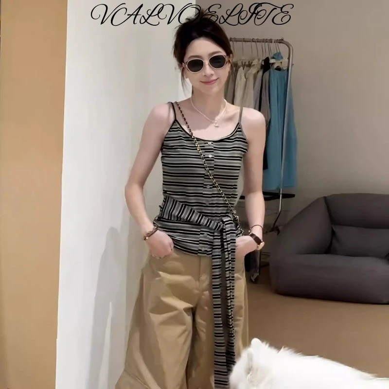 潮流女装休闲条纹撞色绑带收腰吊带背心夏季新款胖mm显瘦小衫上衣