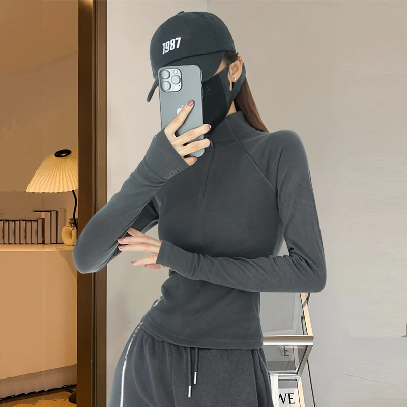 德绒秋冬修身显瘦内搭打底衫拉链翻领纯色长袖T恤女2025休闲上衣