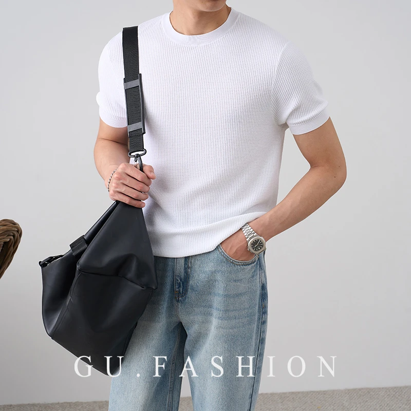 GU FASHION夏季基础款华夫格天丝凉感圆领短袖男商务休闲百搭T恤