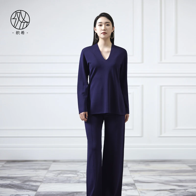 TESSITI｜织希春夏新款优雅时尚修身藏青色V领长袖针织衫
