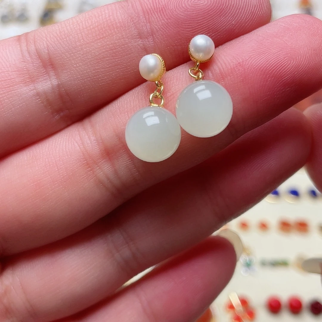 和田玉耳钉银S925镶嵌