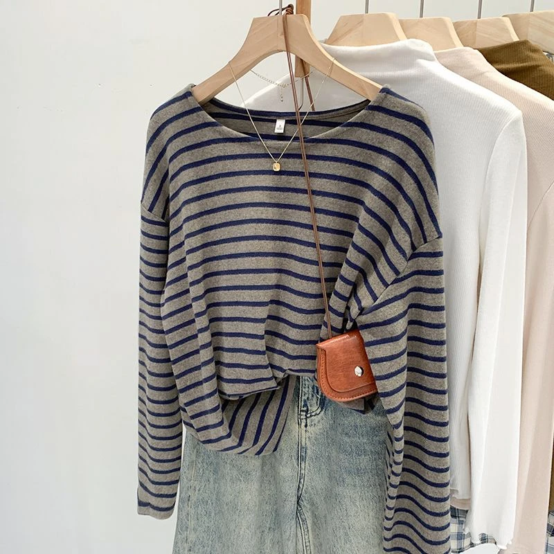 韩系复古撞色条纹长袖t恤女春夏季内搭打底衫宽松设计感百搭上衣