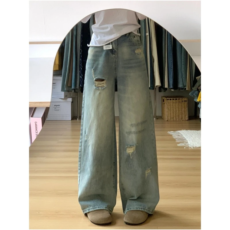高个子加长美式复古破洞牛仔裤女2025夏季新款直筒拖地宽松阔腿裤