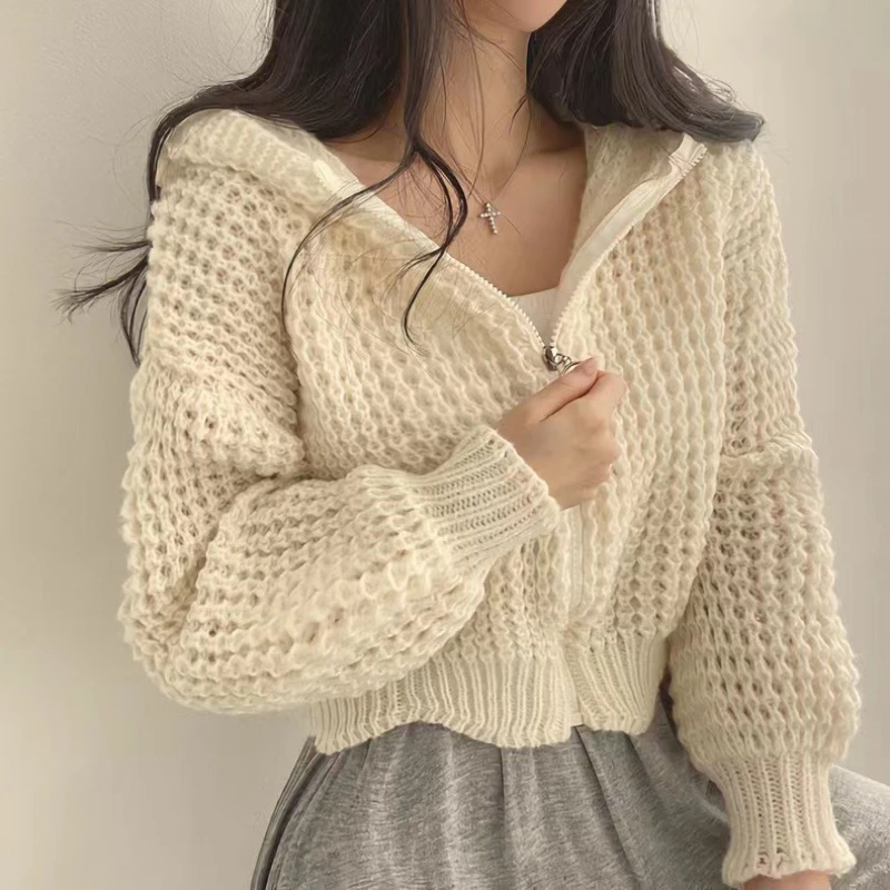 韩版chic秋冬慵懒风连帽短款毛衣外套女设计感粗针翻领宽松针织衫