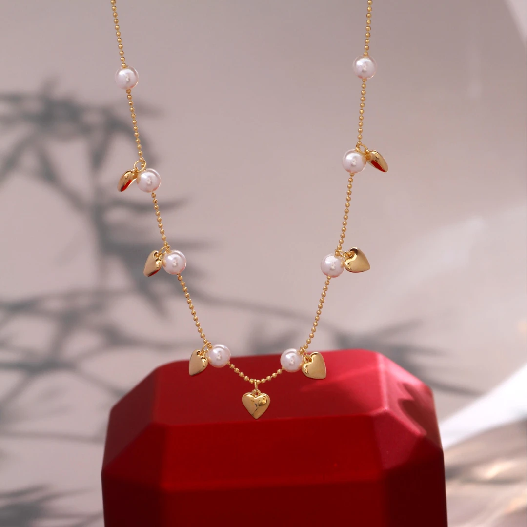 铜合金项链 《货号9054》桃心珠珠双拼项链（链长40+5）