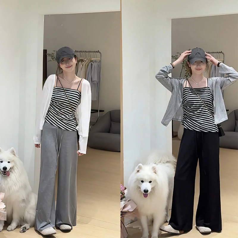 2025夏季新款韩系时尚针织防晒上衣条纹吊带休闲阔腿裤三件套装女