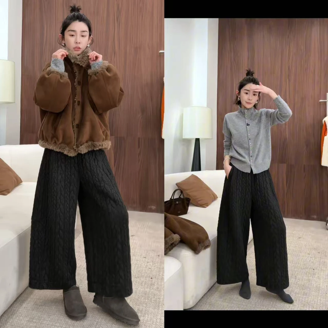 玖了个玖 2025冬款极简百搭立体剪裁加厚绞花山本休闲裤2512C9084