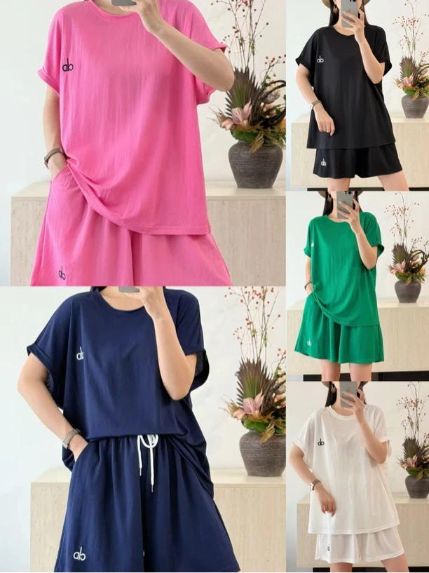 时尚百搭夏款圆领短袖短裤套装显瘦女装半袖套装纯色宽松大码休闲