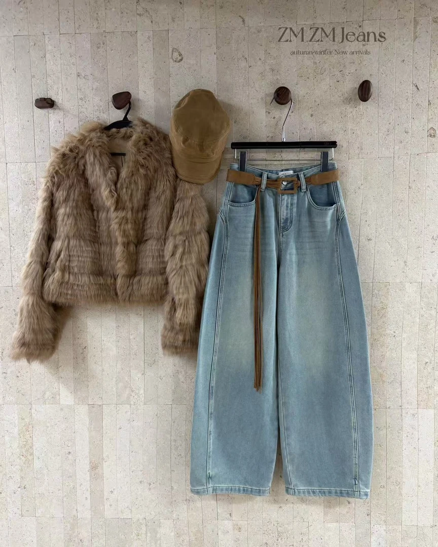 6021浅色欧货加厚加绒阔腿牛仔裤女高腰冬新款宽松显瘦百搭