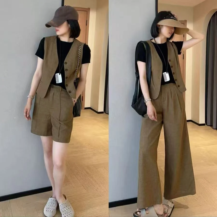 纯欲慵懒风老钱风复古短款领马阔腿长裤A字短裤亚麻套装女25夏Q04