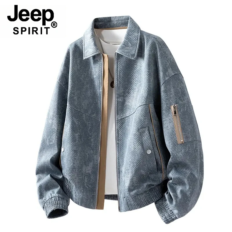 JEEP SPIRIT吉普美式提花仿牛仔外套春秋季宽松加大码男士休闲翻