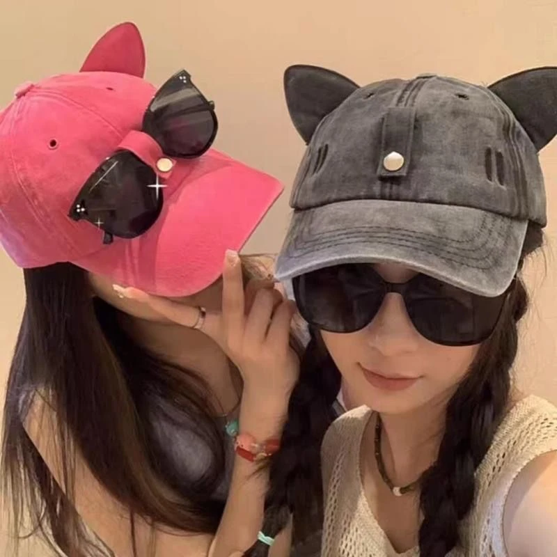 【喵喵】飞行员墨镜棒球帽可爱猫耳朵男女版街头嘻哈自带眼镜鸭舌帽