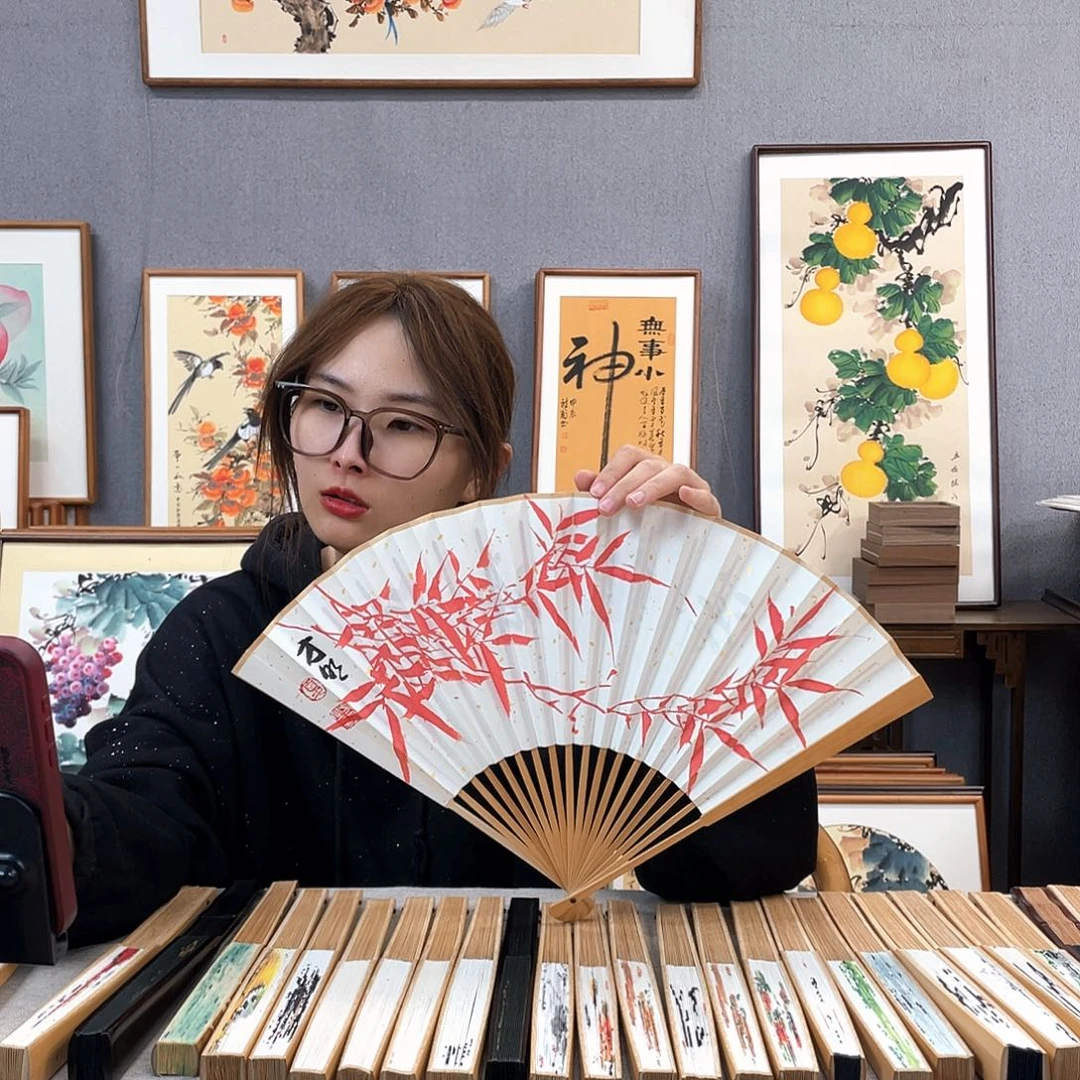 国画95寸玉竹-纯手绘-文玩扇骨（默认粘好）