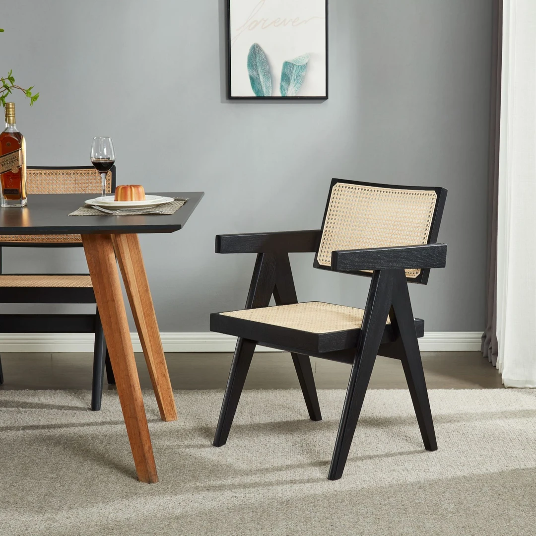 昌迪加尔侘寂风藤编椅子家用餐椅实木北欧原木风有无扶手椅子