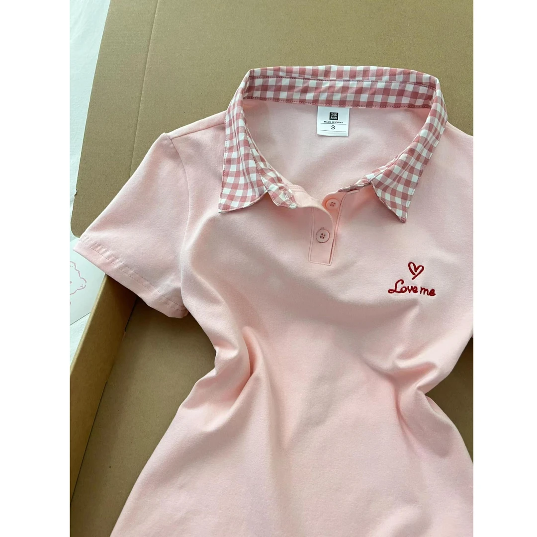 原创嫩粉色格纹Polo领修身短袖t恤女夏季新款爆款韩版多巴胺上衣